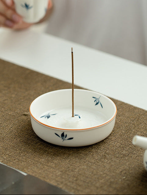White Round Ceramic Incense Burner with Blue Flowers