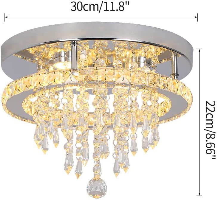 Chandelier with crystal accents and dimensions labeled on a white background