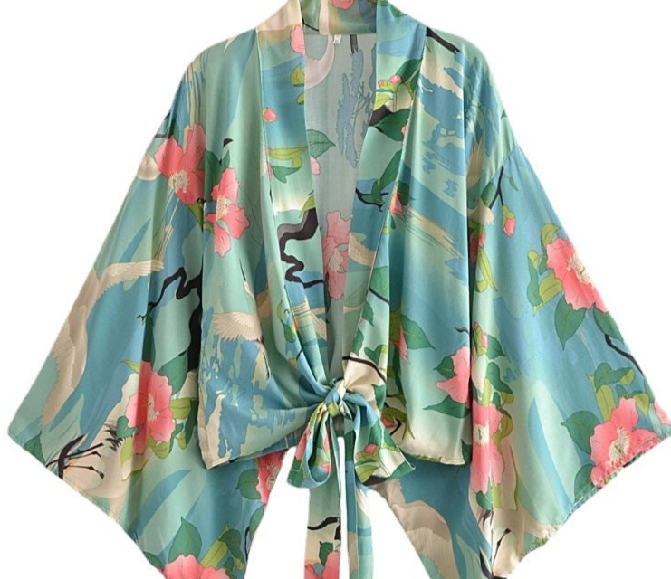 Chinese Lotus Kimono Bohemian Blouse with Batwing Sleeves