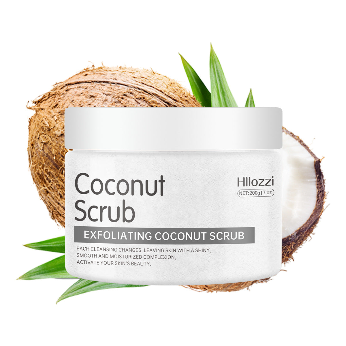 Coconut scrub jar with coconut and leaves on a white background