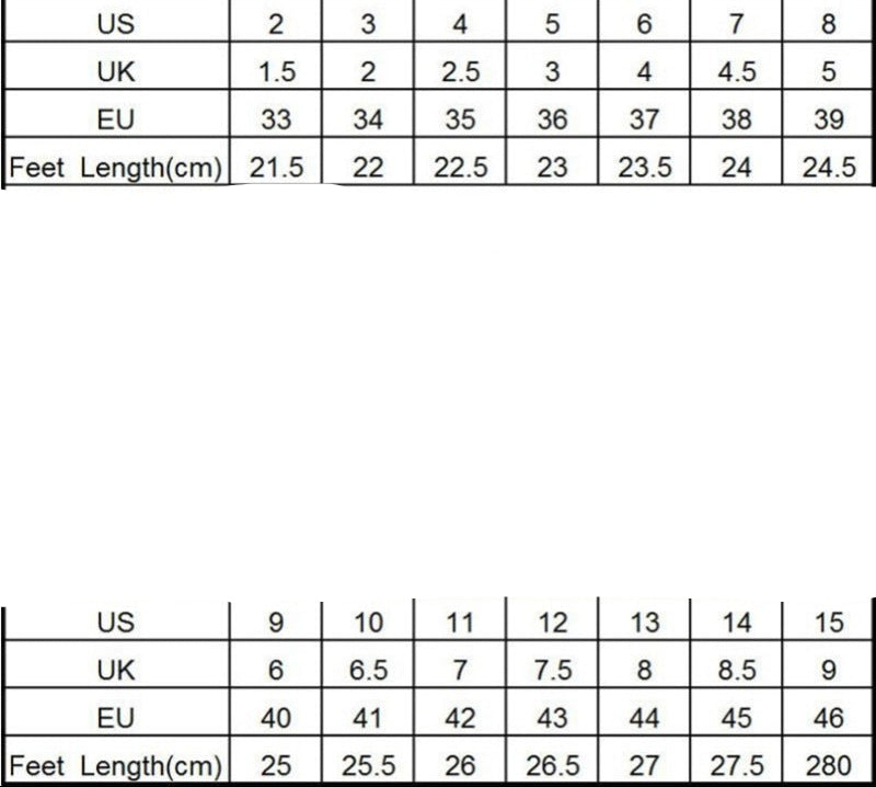 Size chart for women's shoes with foot measurements and comparisons.