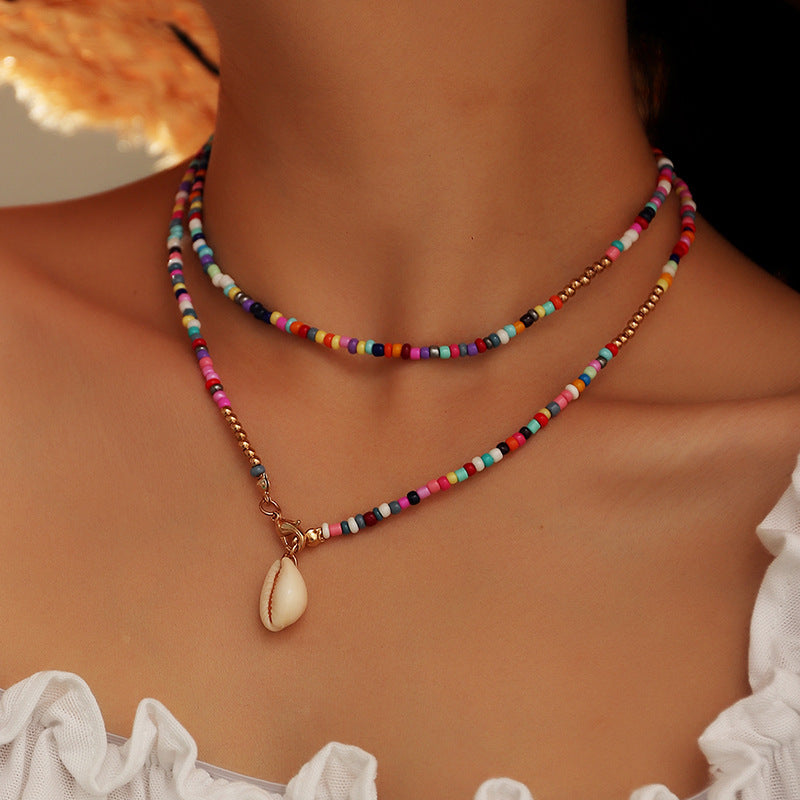 Colorful Beaded Necklace with Seashell Pendant