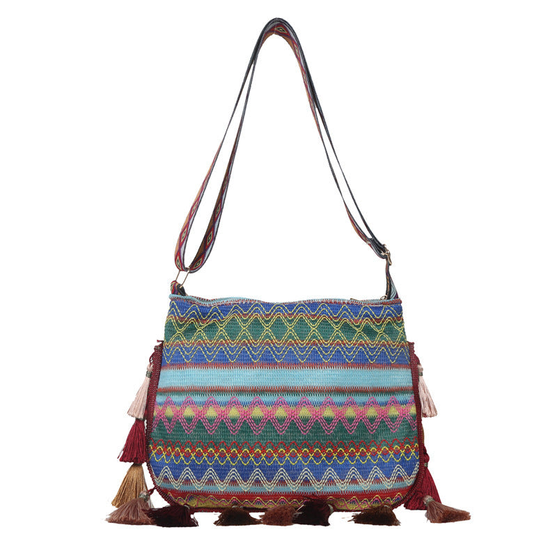 blue Colorful Bohemian Pattern Bag with Tassels
