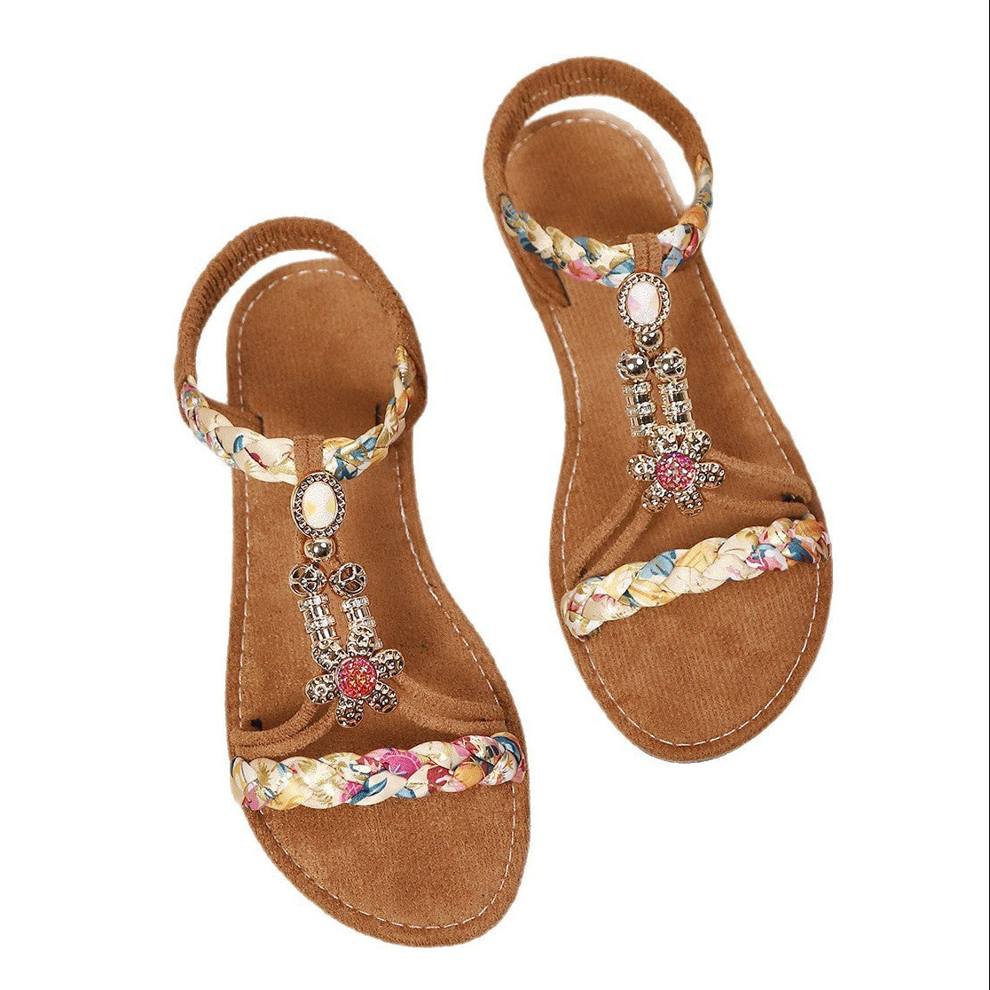 Colorful Boho Sandal Flats with Flower Beads