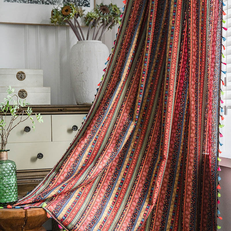 red Colorful Boho Striped Printed Curtain