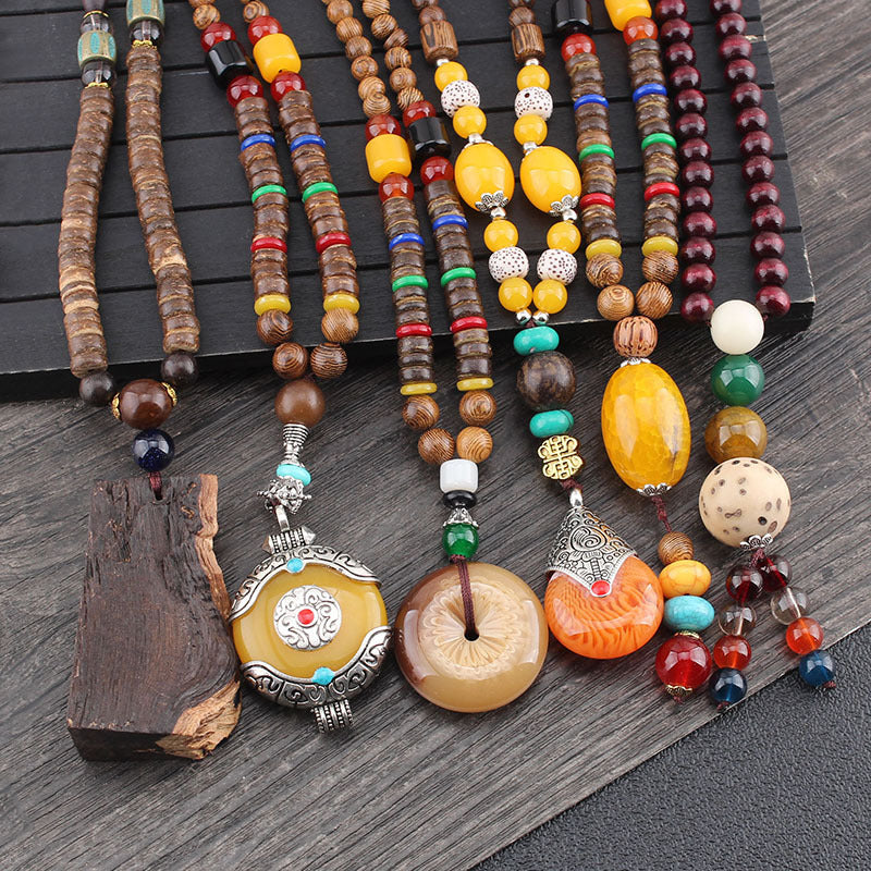 Colorful Ethnic Wooden Mala Bead Chain with Pendant
