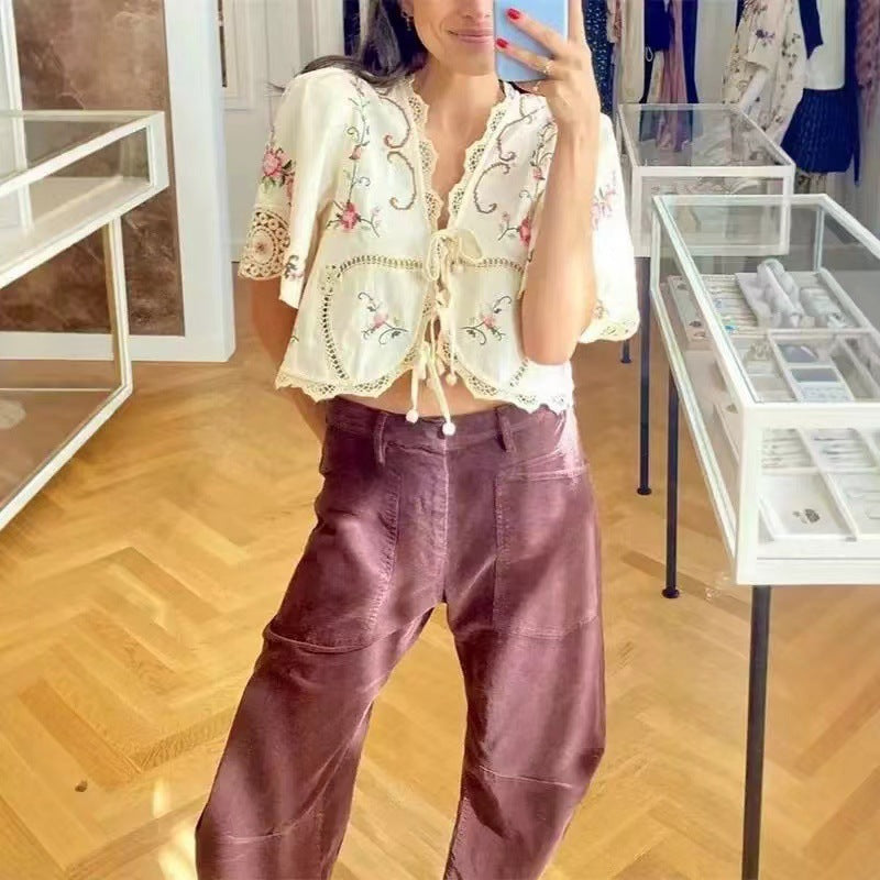 Colorful Flower Embroidery Short Sleeve White Boho Top