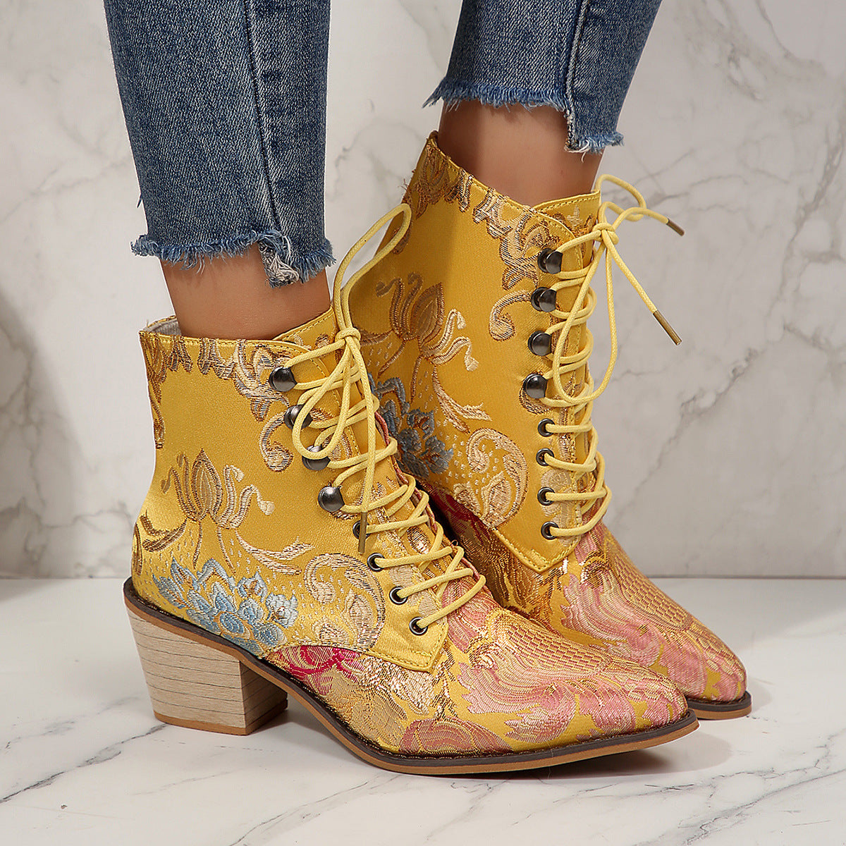 Colorful Patterned Embroidered Lace Up Ankle Boots