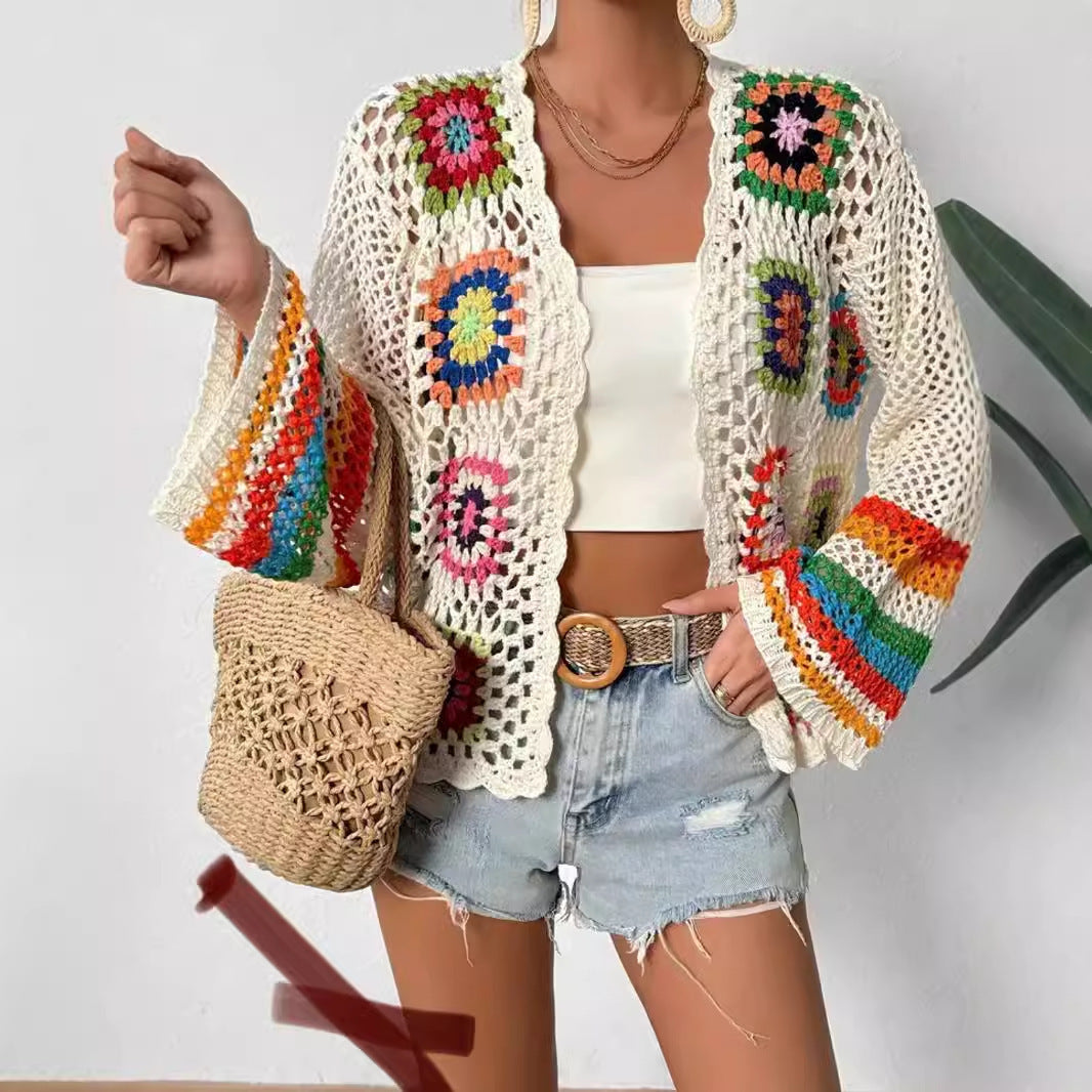 White Colorful Plaid Crocheted Cardigan