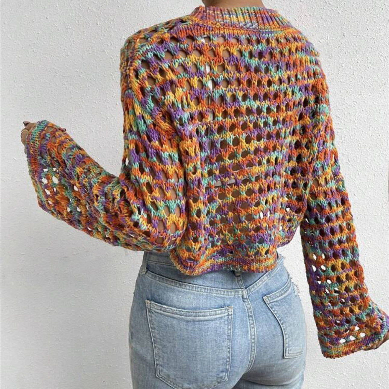 Colorful Woven Crop Sweater Bohemian Rainbow