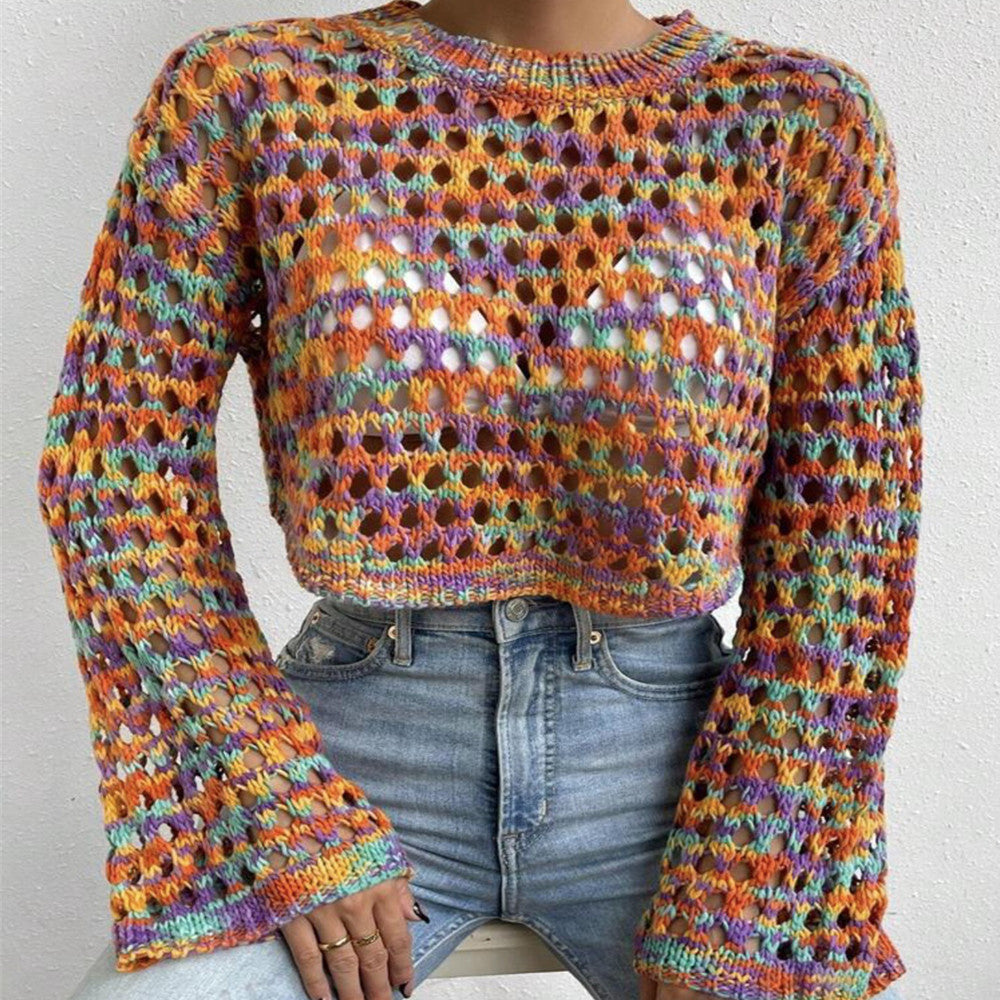 Colorful Woven Crop Sweater Bohemian Rainbow Style