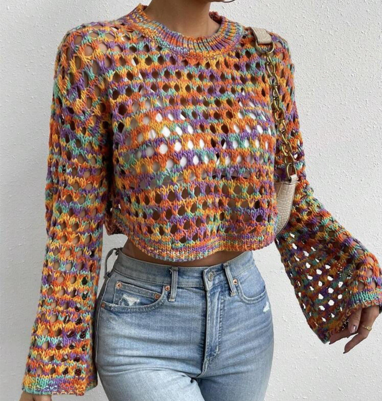 Colorful Woven Crop Sweater Bohemian Rainbow Style sheer