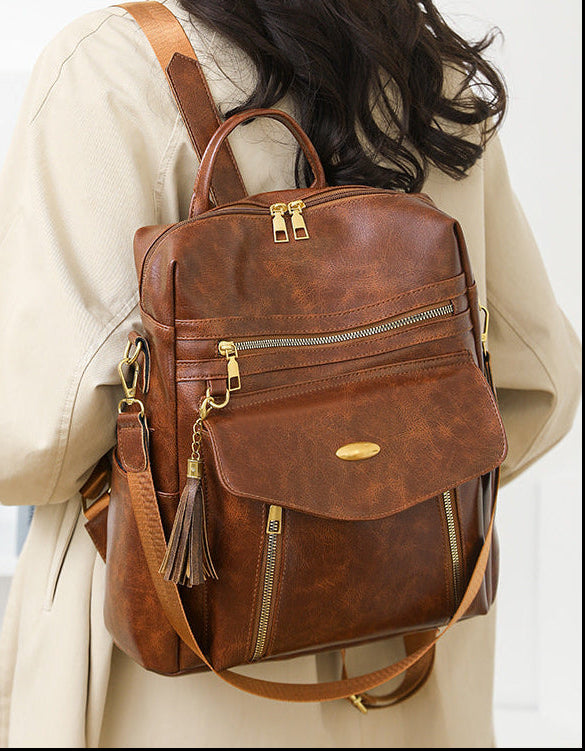 Convertible Bohemian Vegan Leather Backpack with Multiple Pockets