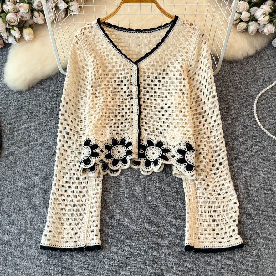 Cute Boho Flower Cardigan Sweater in Black and White