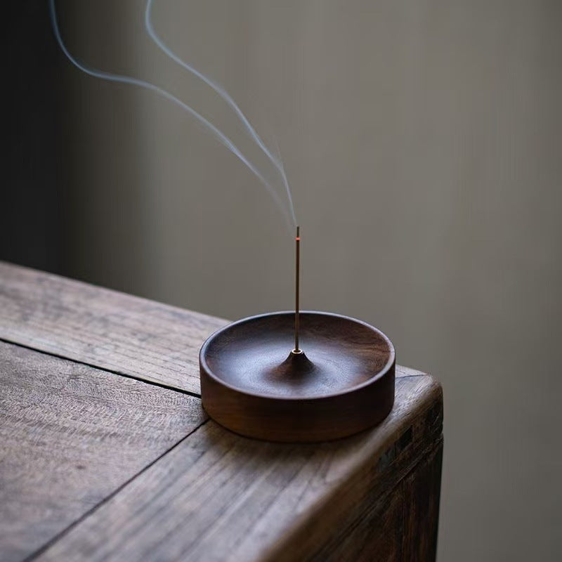 Round Dark Brown Walnut Wood Incense Holder
