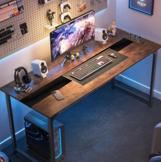 Dark Brown Wooden Large Rustic Boho Desk with Black Metal Frame