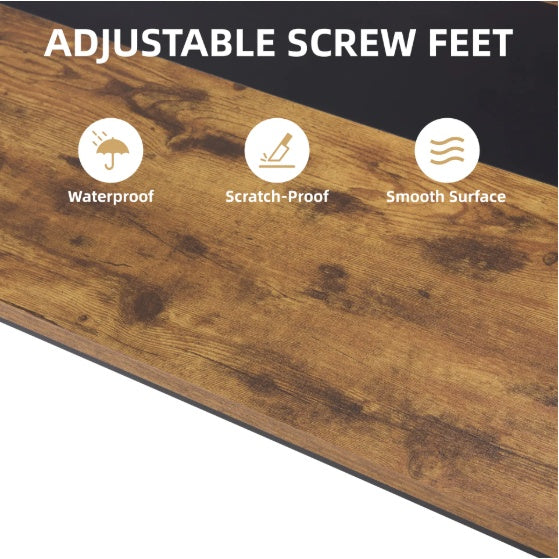 Wooden surface with adjustable screw feet features, including waterproof, scratch-proof, and smooth surface icons.