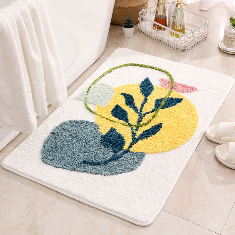 Decorative rug with floral design on a light-colored floor.