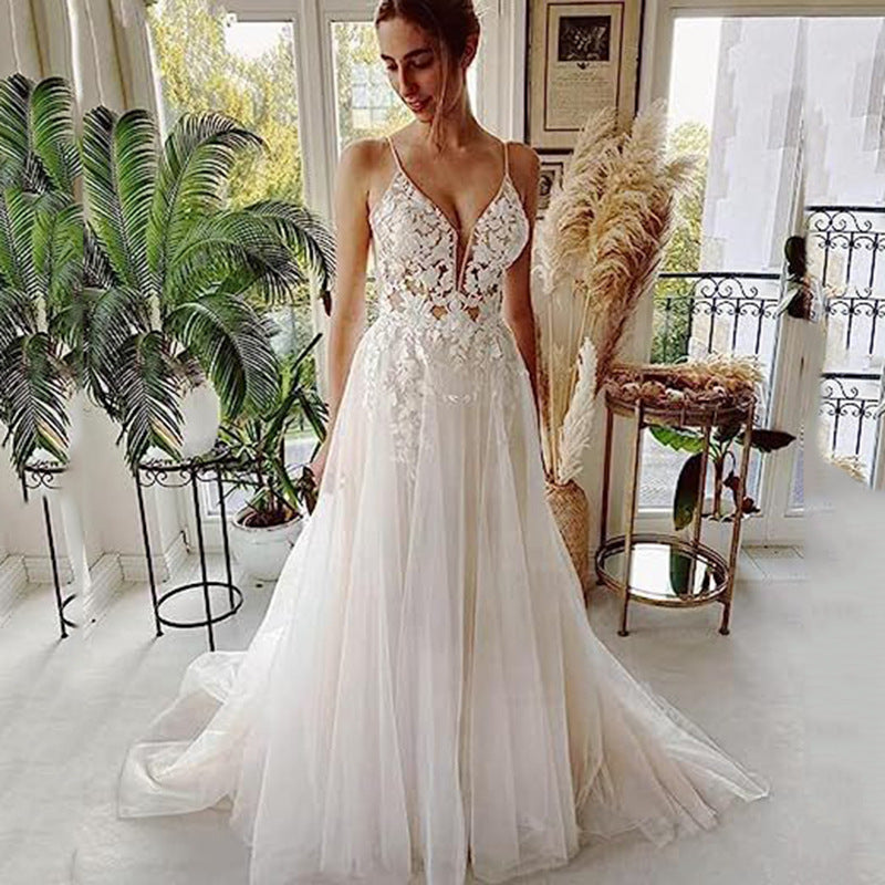 Deep V-Neck Boho Chic Lace Wedding Dress