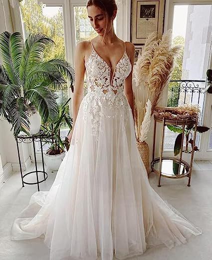 Deep V-Neck Boho Chic Lace Wedding Dress