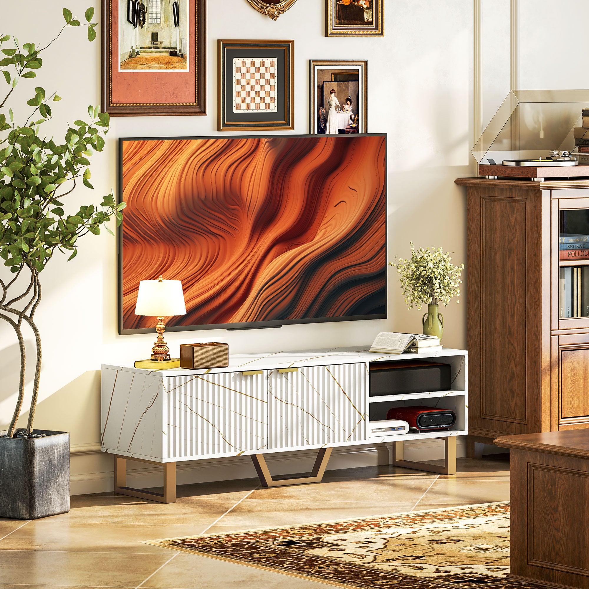 White Marble Design TV Stand Cabinet For Up To 70" TVs with Shelves and Storage Cupboard