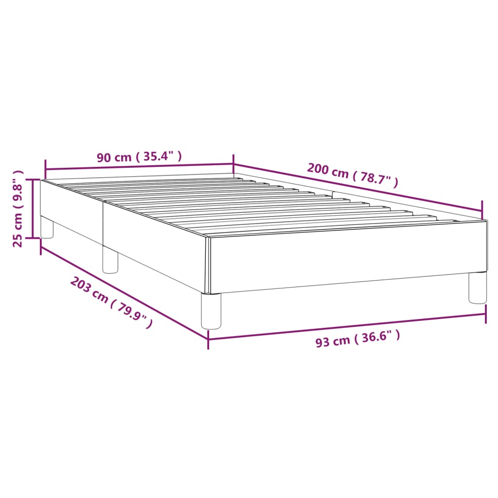 Dimensions of a bed frame with measurements in centimeters and inches.
