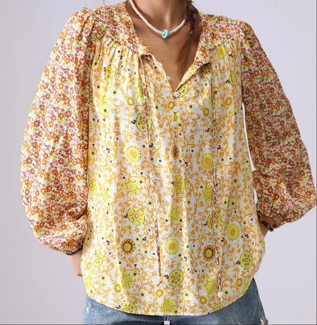 Earthy Yellow Boho Print Blouse for Autumn