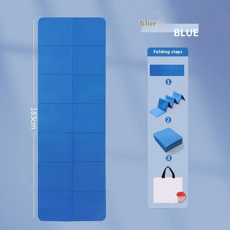 Blue mat with folding steps and dimensions on a light blue background