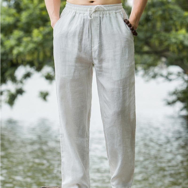 Elastic Drawstring Waistband Boho Linen Pants for Men