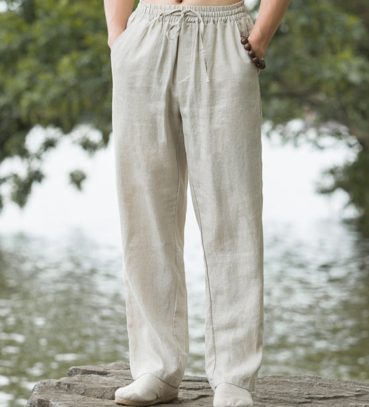 beige Elastic Drawstring Waistband Boho Linen Pants for Men