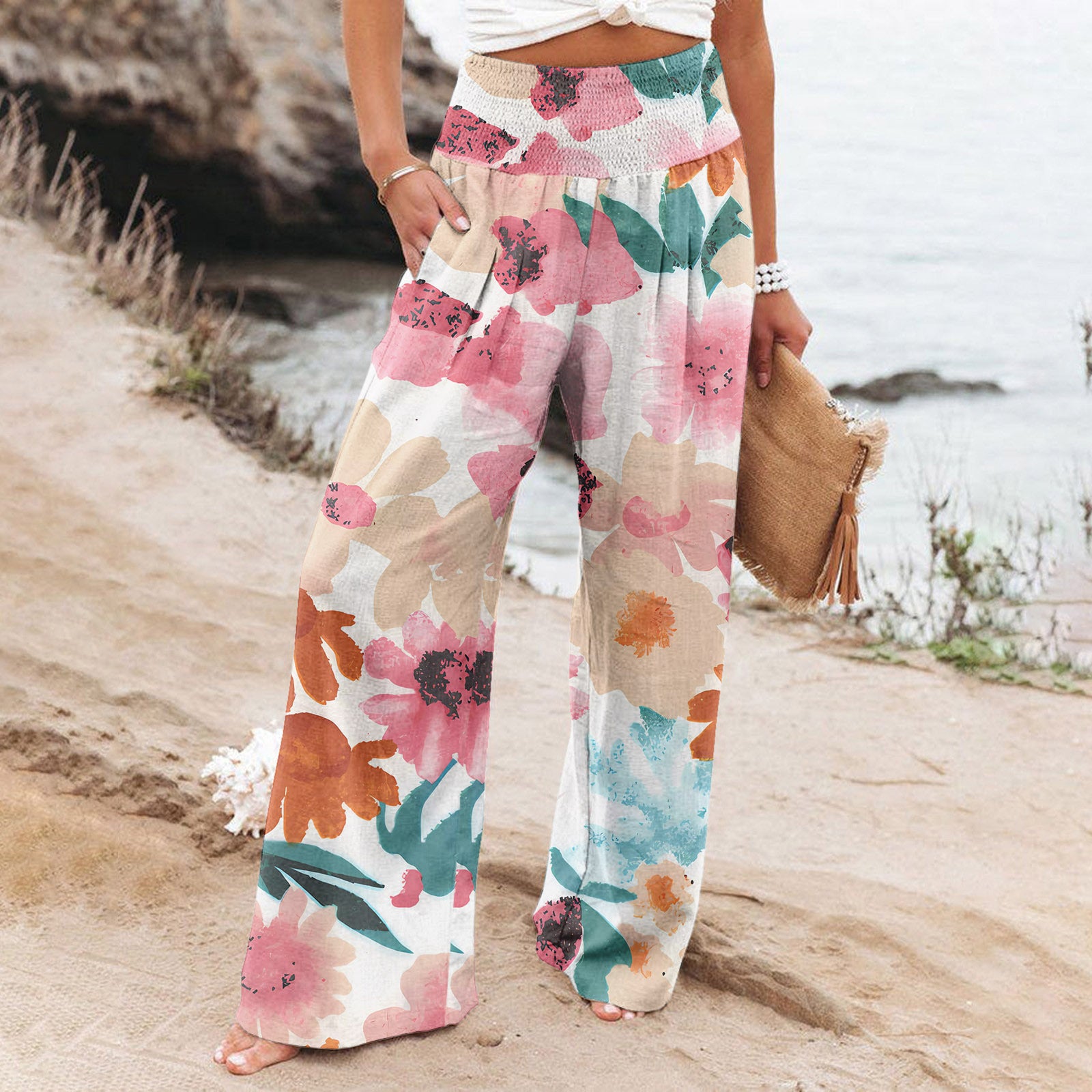watercolor Elastic Waist Boho Pants Loose Fit