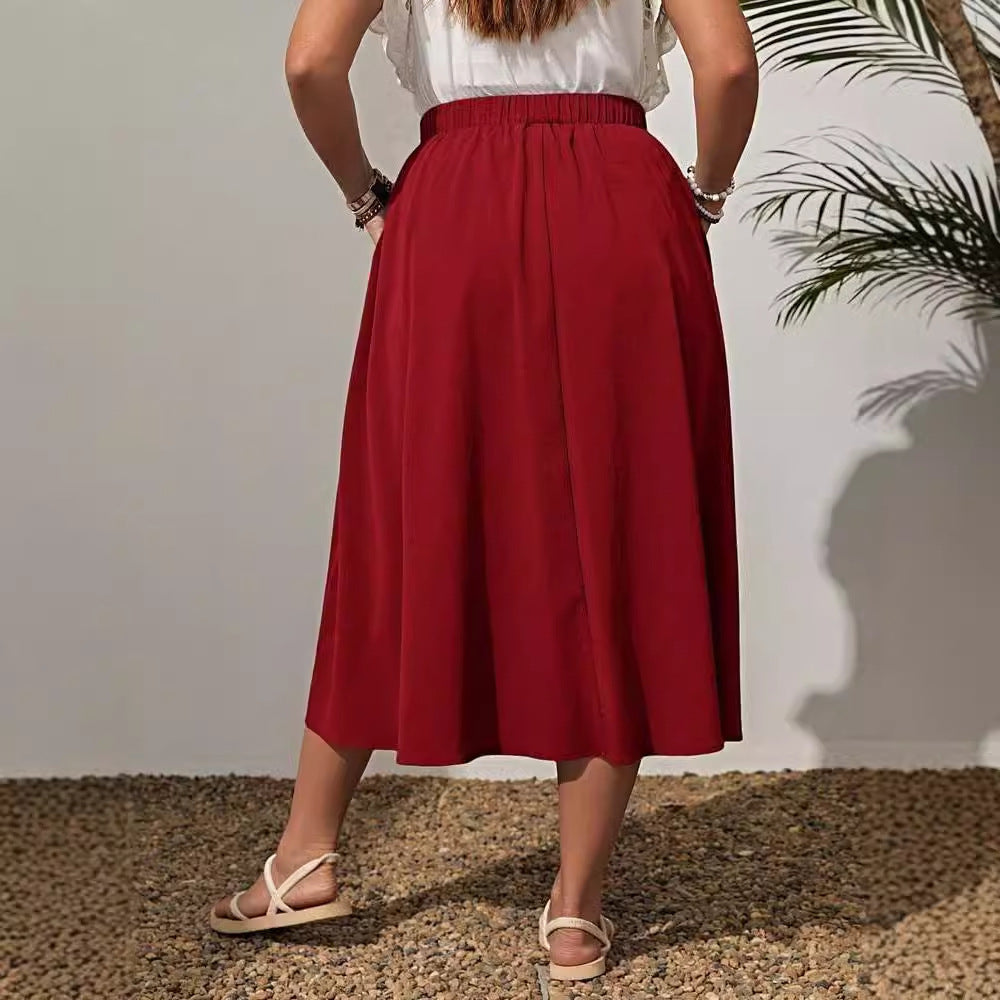 red Elastic Waist Plus Size Skirt for Women
