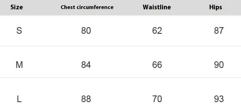 Size chart for clothing with chest circumference, waistline, and hips measurements.