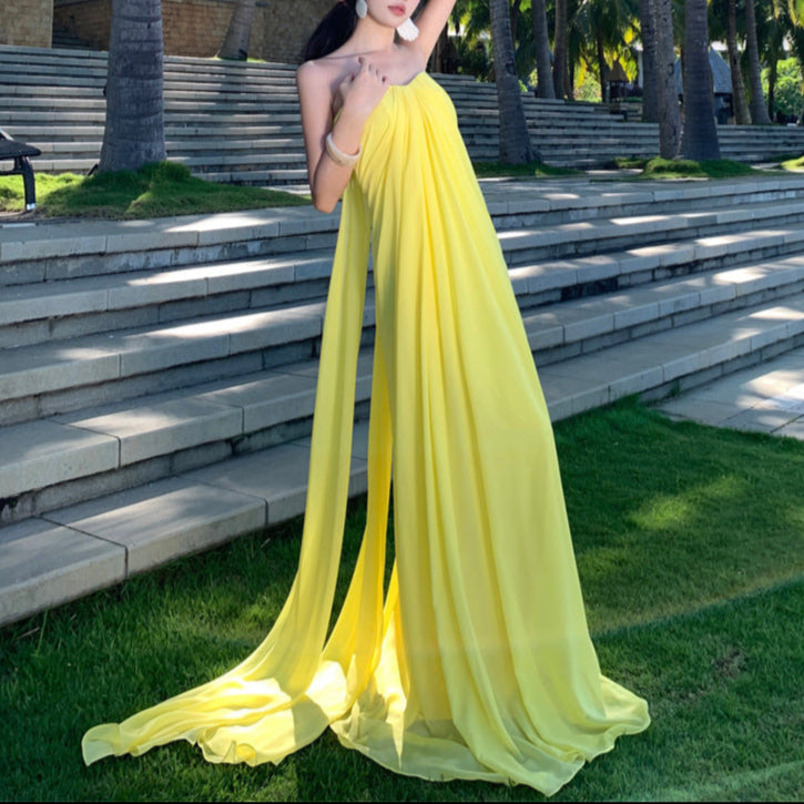 Elegant Yellow Boho Chic Loose Fit Gown