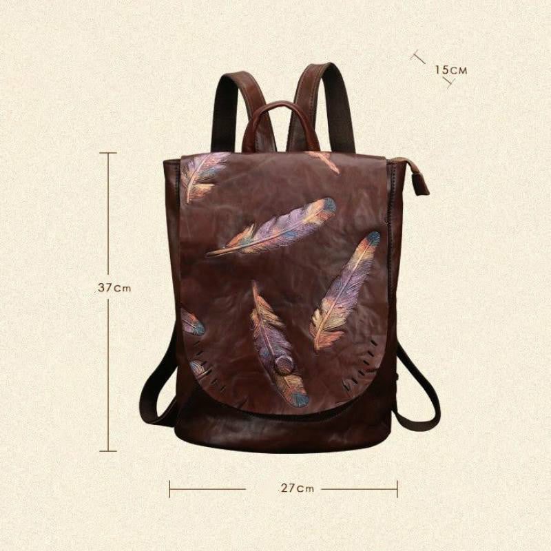 Embossed Feather Backpack Vegan Leather