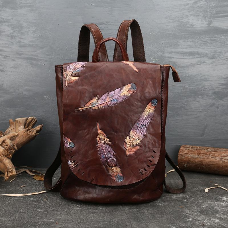Embossed Feather Backpack Vegan Leather