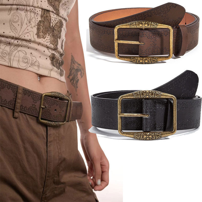 Embossed Vegan Leather Buckle Belt Boho Style for Women