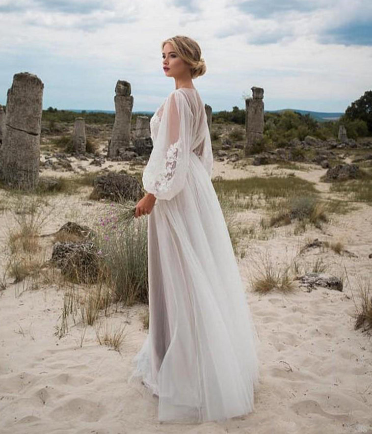 Flowy Embroidered Wedding Dress with Long Puff Sleeves