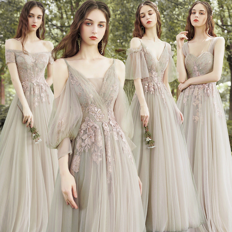 Embroidered with Flowers Mesh Bridesmaid Dress Boho Chic