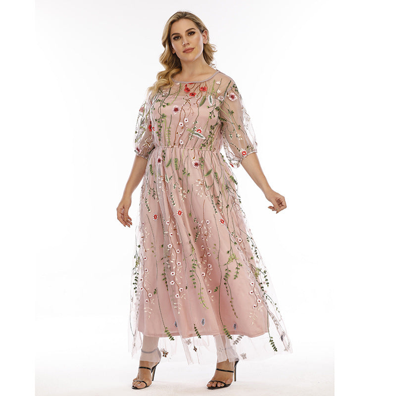 Floral Embroidery Midi Plus Size Dress
