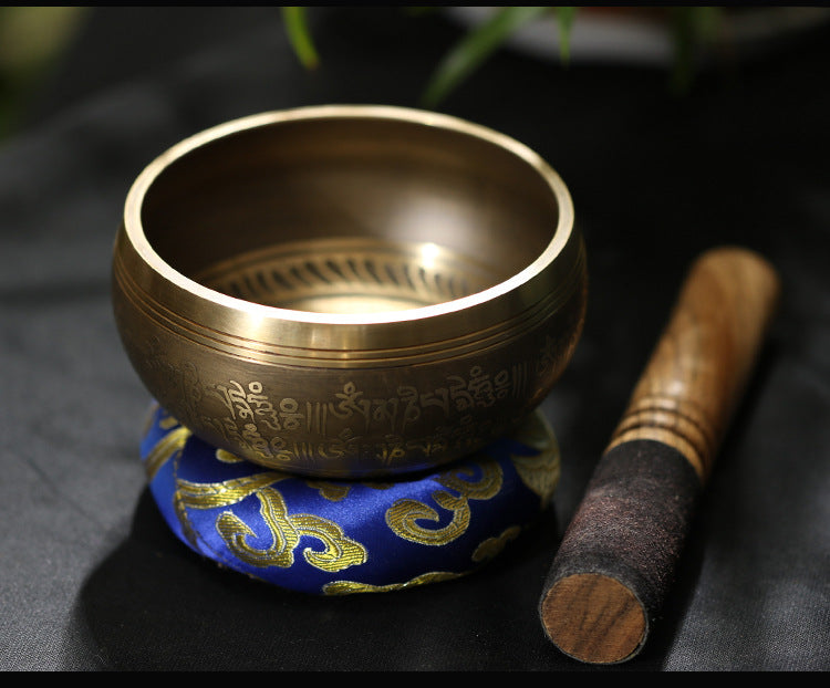 Engraved Tibetan Singing Bowl with Leather Mallet