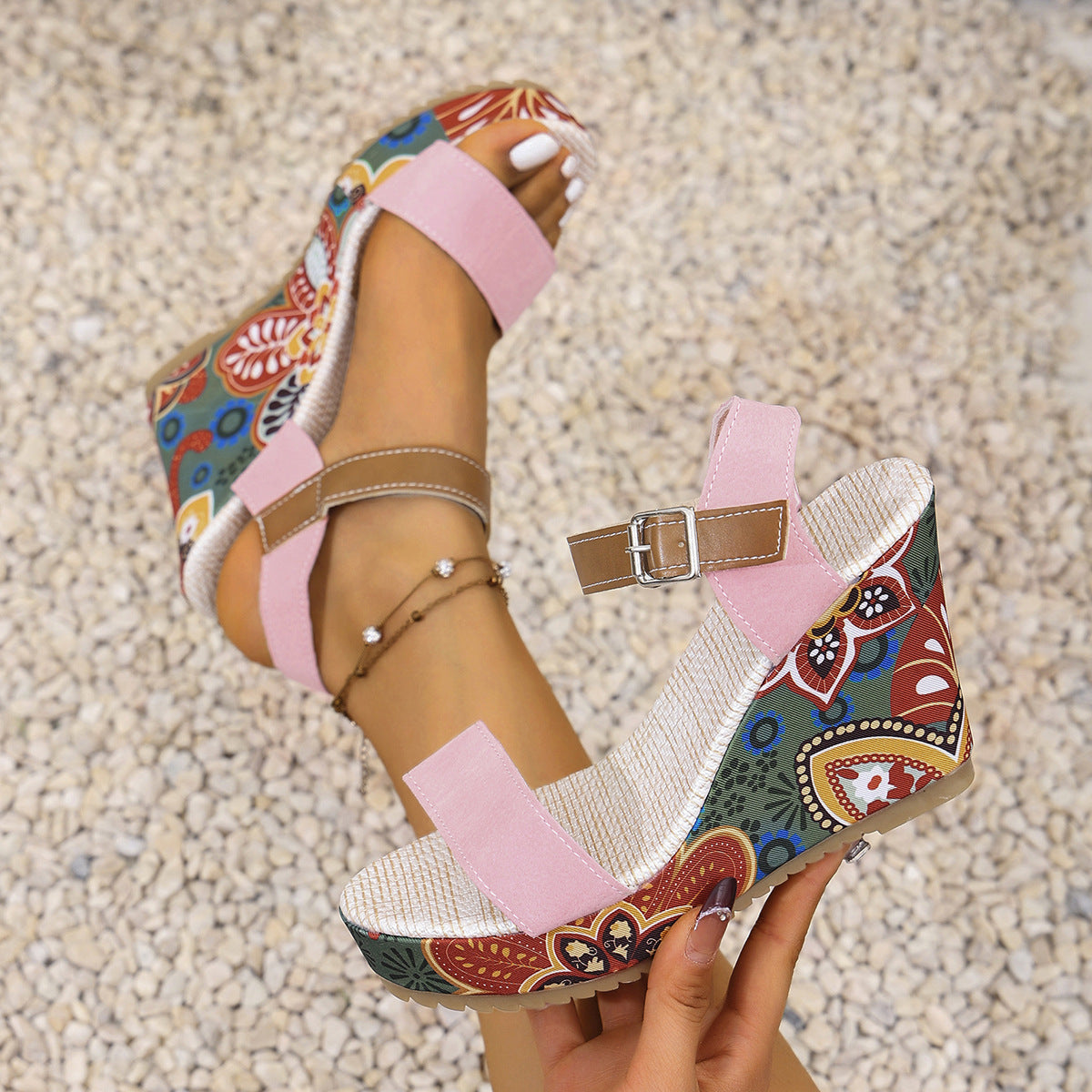 pink Ethnic Patterned Wedge Heels Bohemian Style