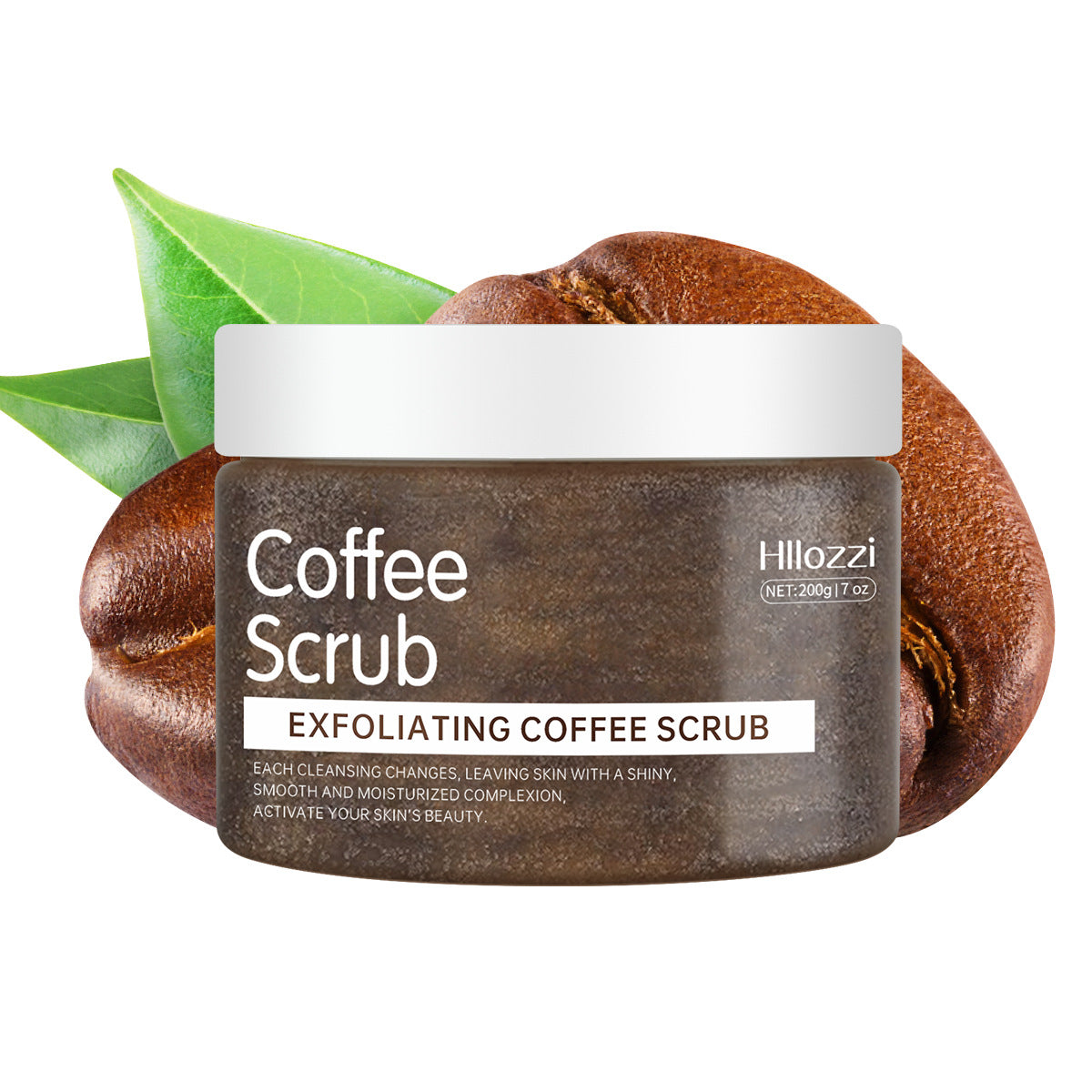 Exfoliating coffee scrub jar with coffee beans and green leaves on a white background