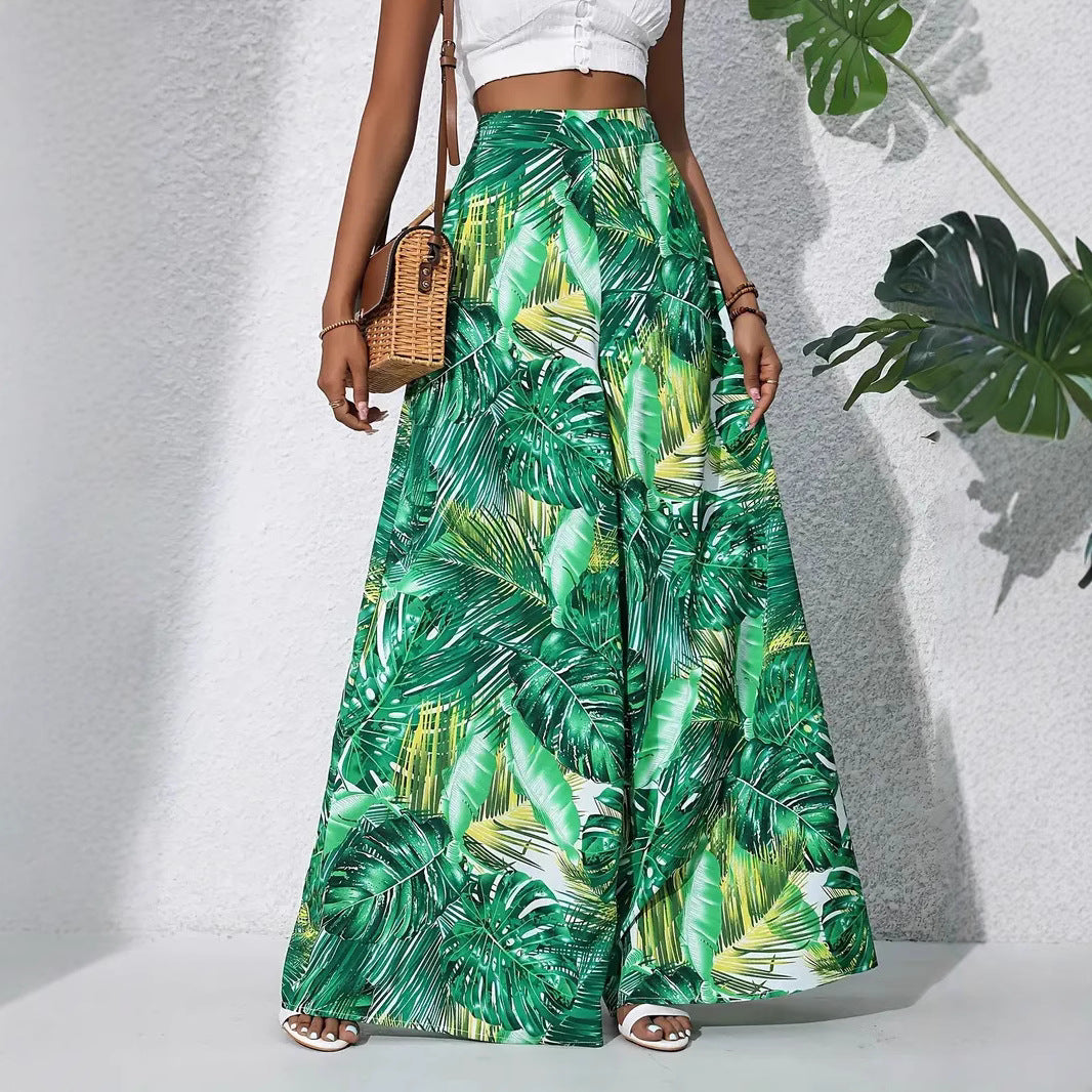 Exotic Printed High Rise Wide Leg Bohemian Trousers green