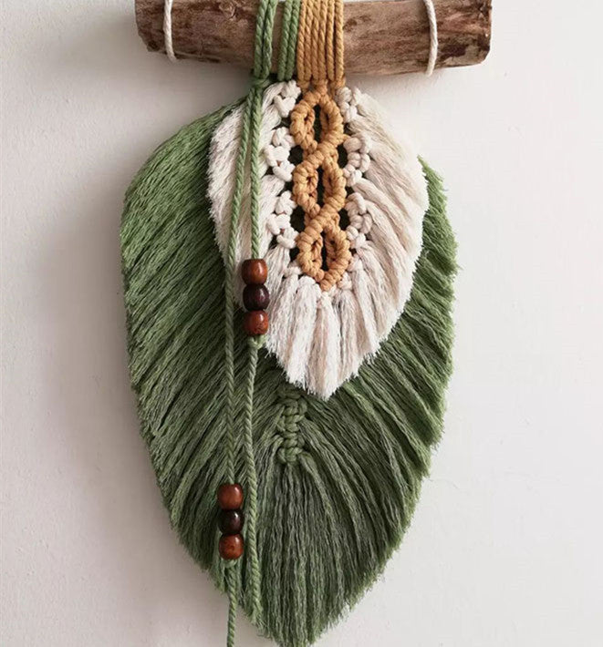 green Feather Macrame Hanging with Wood