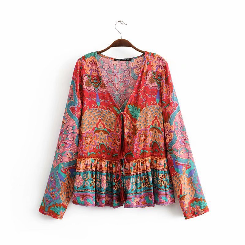 Flamboyant Boho Blouse in Red and Blue