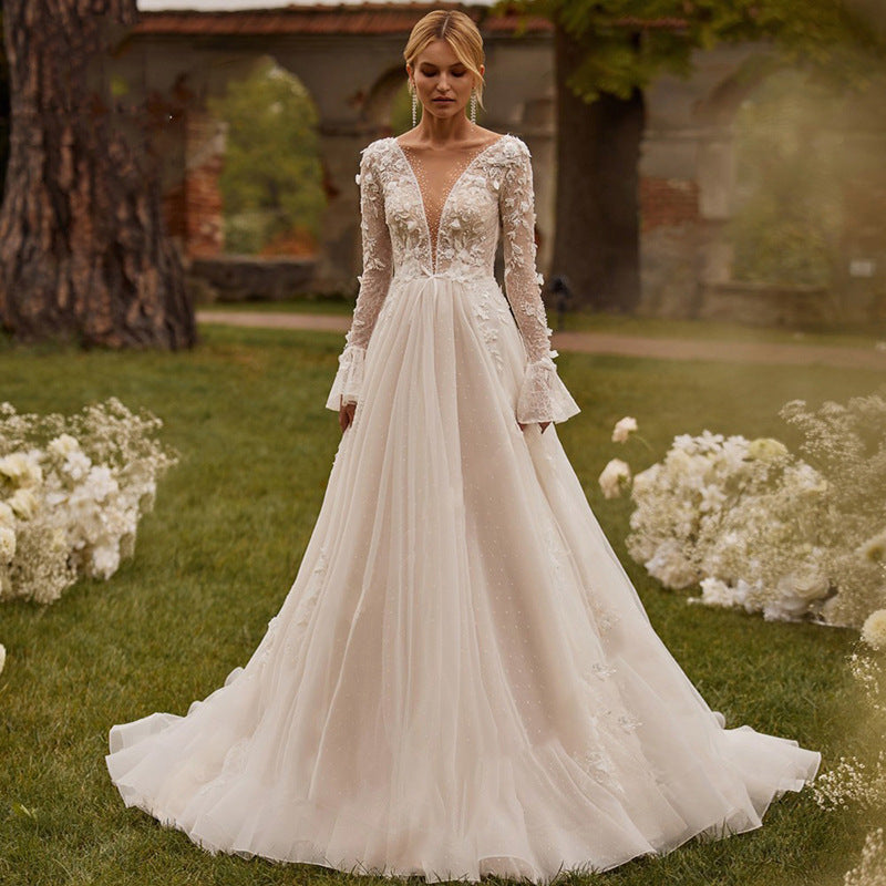 Flared Long Sleeve Mesh Boho Wedding Dress