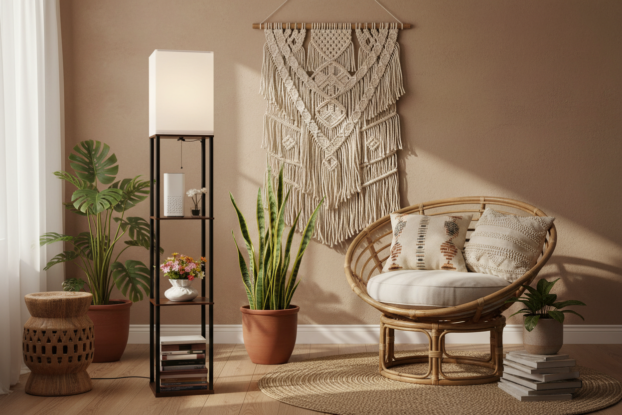 Boho Floor Lamp with Shelves