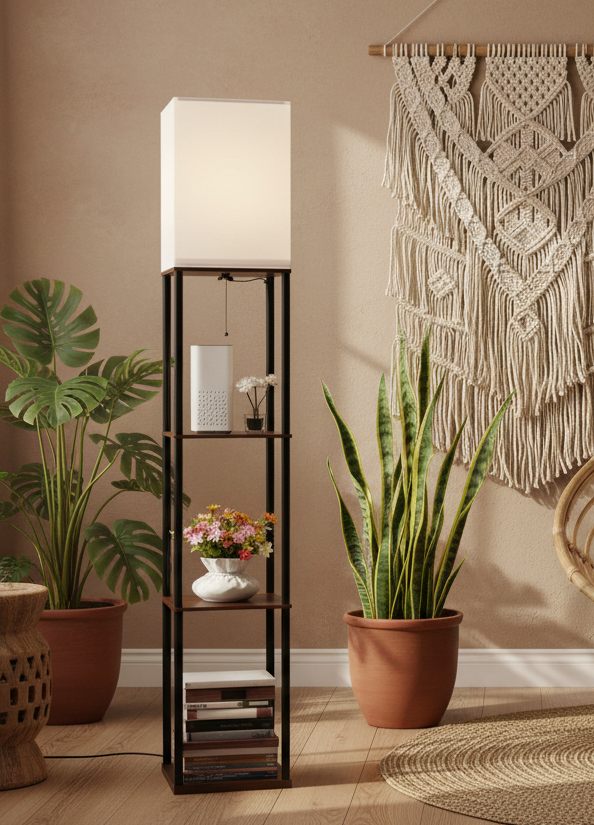 Boho Floor Lamp with Shelves