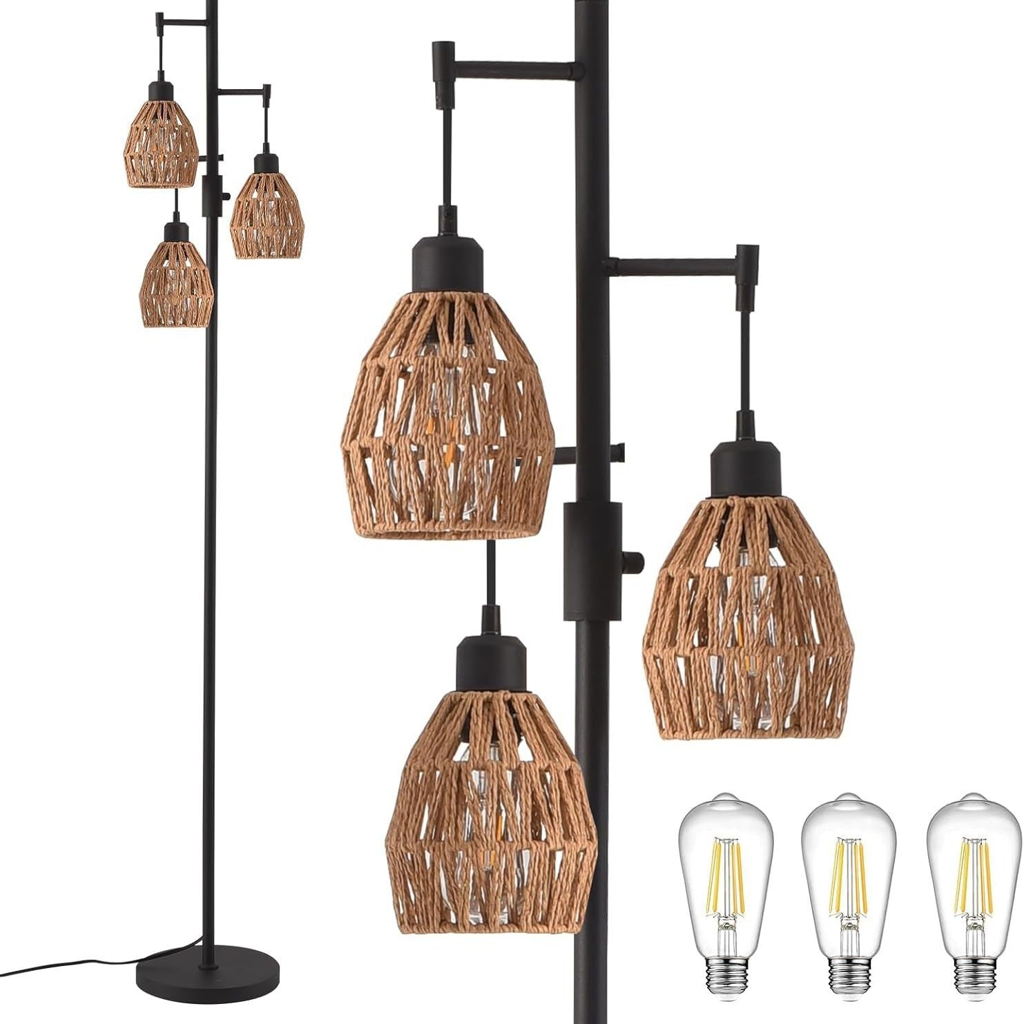 Floor lamp with wicker lampshades and three light bulbs on a white background